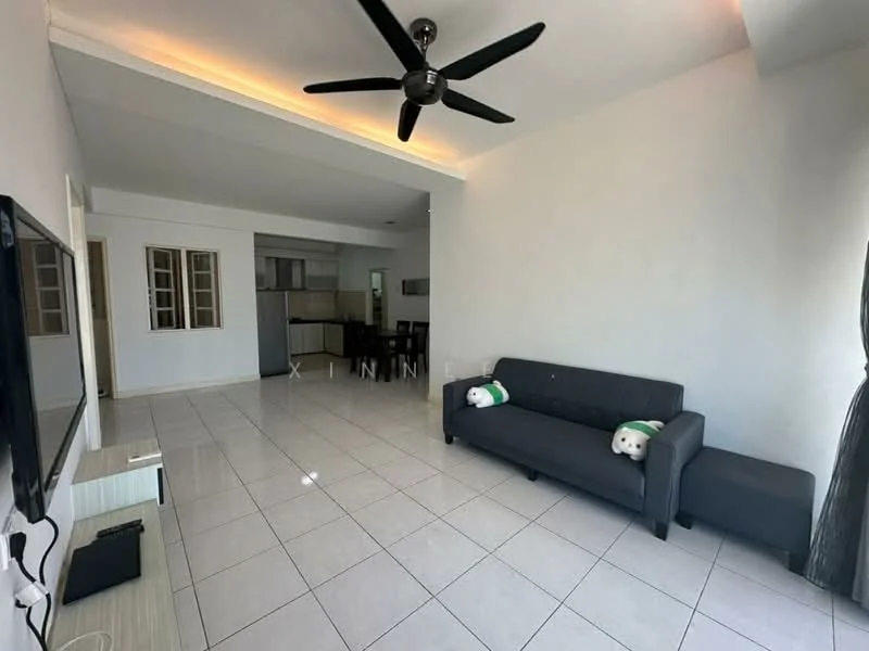 Living features: white painted walls, glossy ceramic tile flooring, 5-blade ceiling fan in black, sofa in dark grey fabric, TV console, wall-mounted TV, decorative cushions, large windows with sheer curtains, recessed lighting, open layout to kitchen, neutral color scheme; style: modern. Kitchen features: open-plan layout, kitchen cabinetry in light wood, countertop in light color, stainless-steel sink, built-in stove, refrigerator, tile backsplash, window for natural light; style: modern.