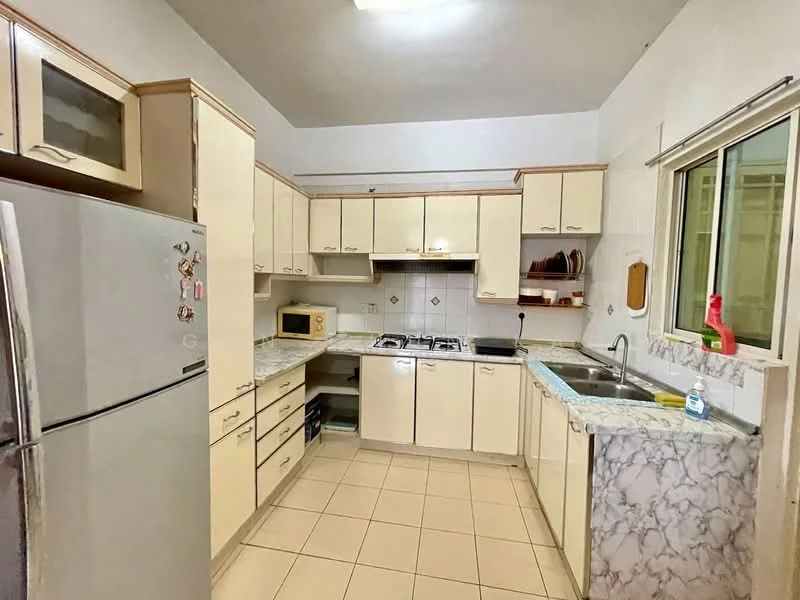 Kitchen features: cream cabinetry with wood trim, marble countertop, stainless-steel fridge, built-in gas stove with oven, microwave, single-bowl stainless-steel sink, chrome pull-down faucet, tile backsplash, window above sink, light-colored tile flooring, multiple cabinets and drawers, open shelving, kitchen exhaust hood; style: modern.