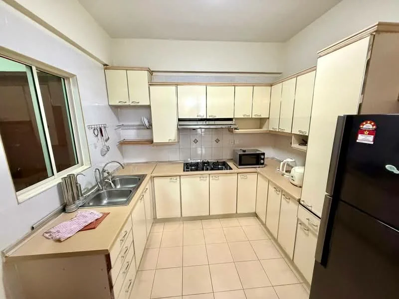Kitchen features: L-shaped kitchen layout, light cream cabinetry, double-bowl stainless-steel sink, chrome pull-down faucet, 4-burner gas hob, built-in oven, microwave, black refrigerator, tile backsplash, ceramic tile flooring, window above sink, countertop with space for appliances, kitchen towel on countertop; style: modern.