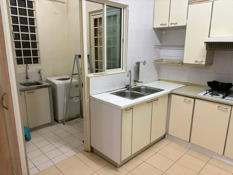 Kitchen features: double-bowl stainless-steel sink, chrome pull-down faucet, laminate countertop, white cabinetry, built-in gas stove, tile backsplash, ceramic tile flooring, window with grid pattern, wall-mounted shelves. Laundry features: front-load washing machine, tile flooring.