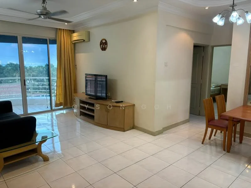 Living features: black fabric sofa, wooden coffee table, TV console, wall-mounted TV, floor-to-ceiling windows, sliding glass door, curtains, ceiling fan, recessed downlights, white tiled flooring, decorative wall, dining table with chairs; style: modern; view: garden.