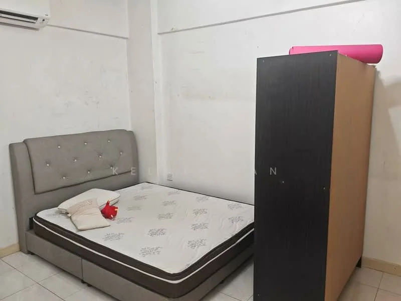 Bedroom features: queen-size bed, upholstered headboard, mattress on bed frame, bedside pillow, air conditioning unit, light-colored tiled flooring, plain white walls, wardrobe with sliding doors.