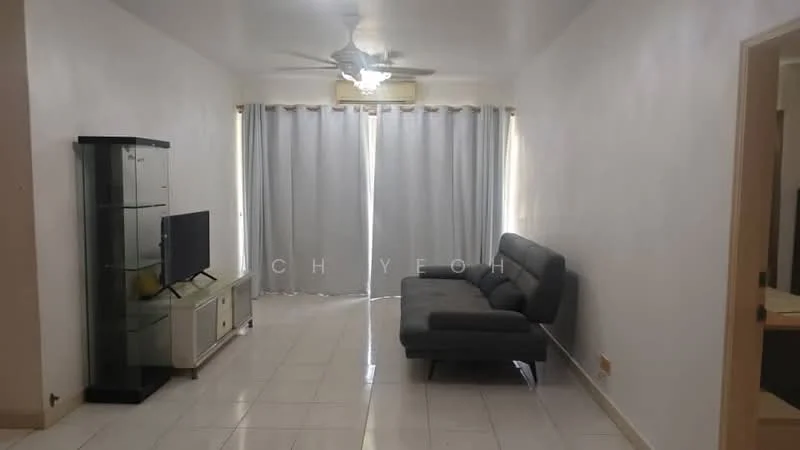 Living features: grey L-shape sectional sofa, 3-blade ceiling fan, wall-mounted TV, glass display cabinet, white painted walls, white tiled flooring, curtains, natural light from windows; style: modern.
