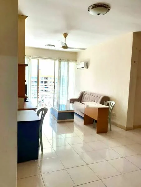 Living features: 3-seater fabric sofa in beige, glass coffee table, wooden dining table, plastic dining chair, floor-to-ceiling windows, sliding glass door, white painted walls, white ceiling, ceiling fan, wall-mounted split AC, glossy tile flooring; style: modern; view: city.