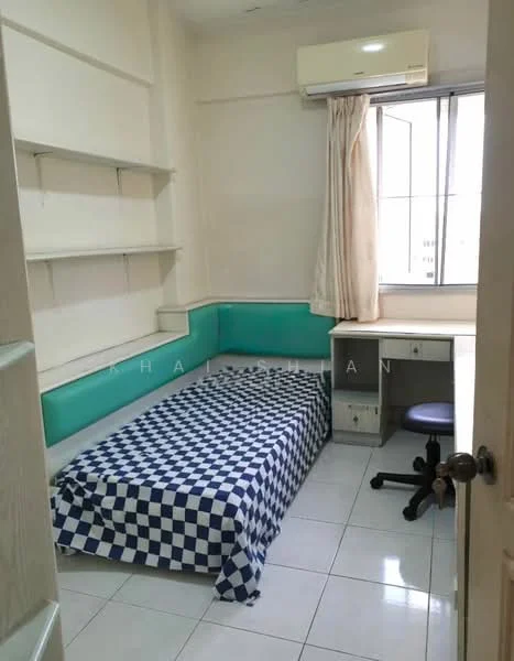 Bedroom features: single bed with checkered blue and white bedding, built-in shelving unit on wall, green upholstered bench along the wall, study desk with drawer, office chair, floor-to-ceiling window with sheer curtains, wall-mounted air conditioning unit, white tiled flooring, light-colored painted walls; style: modern; view: city.