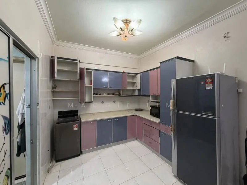 Kitchen features: L-shaped kitchen layout, pink and grey cabinetry, white countertop, stainless-steel fridge, built-in oven, ceramic tile flooring, recessed ceiling lights, single-bowl stainless-steel sink, chrome pull-down faucet, open shelving, wall-mounted cabinets, tile backsplash, exhaust hood, window above sink; style: modern.