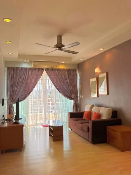 Living features: 3-seater fabric sofa in brown, decorative cushions in orange, wooden coffee table, TV console, wall-mounted TV, floor-to-ceiling windows, sheer curtains, 5-blade ceiling fan with light, laminate flooring, recessed downlights, wooden side table; style: modern; view: city.