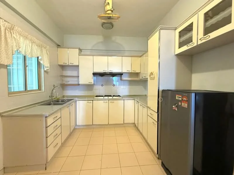 Kitchen features: white cabinetry with glass-front upper cabinets, stainless-steel sink, chrome pull-down faucet, built-in gas hob, exhaust hood, black refrigerator, tile flooring, window with sheer curtains, light fixture on ceiling, countertop with backsplash, open shelving, multiple drawers and cabinets; style: modern.