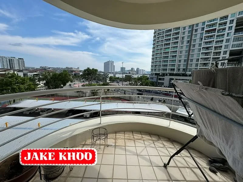 Room features: curved balcony, tile flooring, metal railing, city view, outdoor drying rack, small round table, chairs, overhead awning; style: modern; view: city.