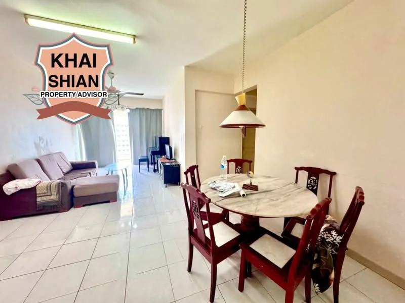 Dining features: round marble dining table, 4 wooden dining chairs, pendant light fixture, white painted walls, ceramic tile flooring, sofa in beige fabric, TV console, floor-to-ceiling windows with sheer curtains; style: modern.