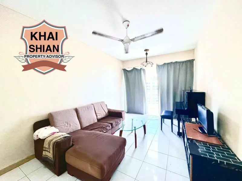 Living features: 3-seater fabric sofa in beige, 2-seater fabric sofa in brown, glass coffee table, wall-mounted TV, TV console, ceiling fan, chandelier, floor-to-ceiling windows, curtains, tiled flooring, decorative wall, area rug; style: modern.