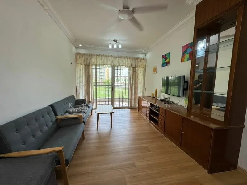 Living features: 3-seater fabric sofa in grey, wooden coffee table, TV console, wall-mounted TV, floor-to-ceiling sliding glass door, curtains, ceiling fan, wooden flooring, decorative artwork on walls, built-in wooden cabinet; style: modern; view: garden.