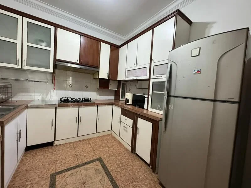 Kitchen features: white and brown cabinetry, stainless-steel fridge, built-in microwave, freestanding gas stove with 4 burners, ceramic tile backsplash, laminate countertop, double-basin stainless-steel sink, tile flooring, wall-mounted range hood, glass-front upper cabinets, open shelving, decorative tile inlay on floor; style: modern.
