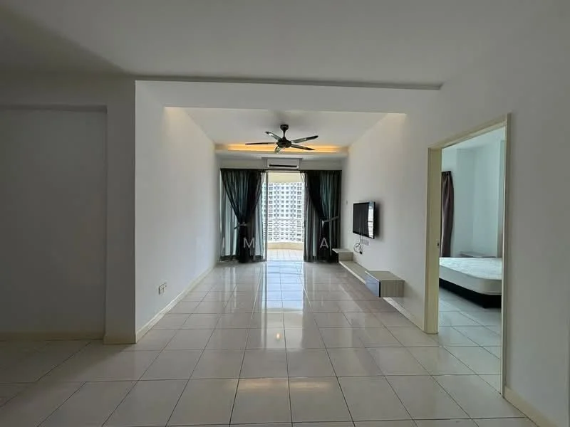 Living features: white painted walls, glossy tile flooring, 5-blade ceiling fan with light, floor-to-ceiling windows, sheer curtains, blackout curtains, wall-mounted TV, recessed lighting, neutral color scheme, open layout; style: modern; view: city.