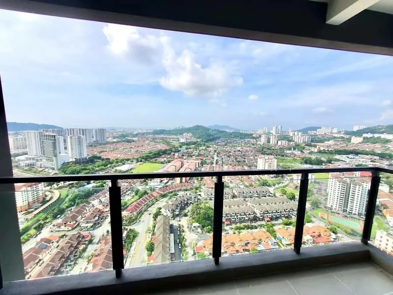 Exterior type: high-rise condominium; features: city skyline view, glass balcony railing, concrete balcony floor, surrounding residential areas, mountain view in background, clear blue sky, urban landscape; style: modern.