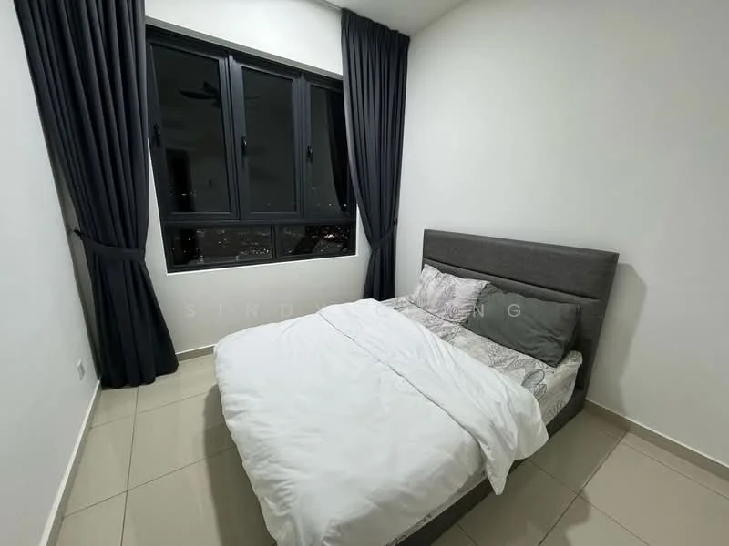 Bedroom features: queen-size bed, upholstered headboard, white bedding, floor-to-ceiling windows, blackout curtains, cream painted walls, tile flooring, decorative pillows, nightstand, city view; style: modern; view: city.