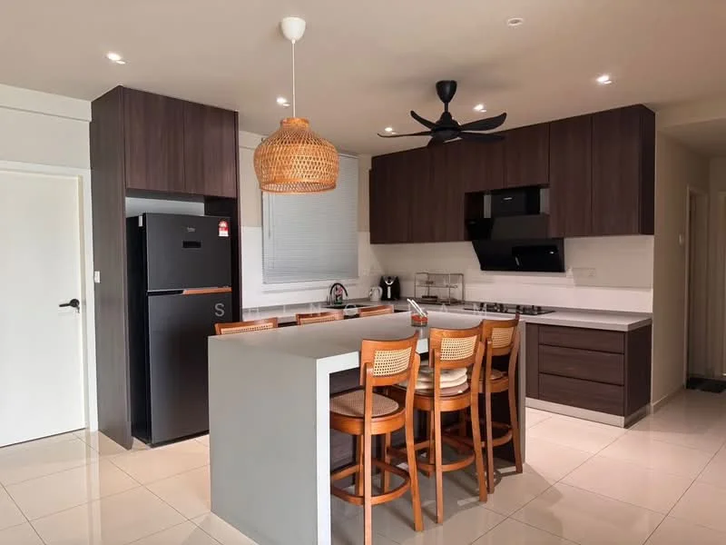 Kitchen features: dark wood cabinetry, white countertop, stainless-steel sink, chrome pull-down faucet, built-in oven, 4-burner gas hob, black range hood, refrigerator, pendant light fixture, ceiling fan, tile flooring, breakfast bar with seating; style: modern.