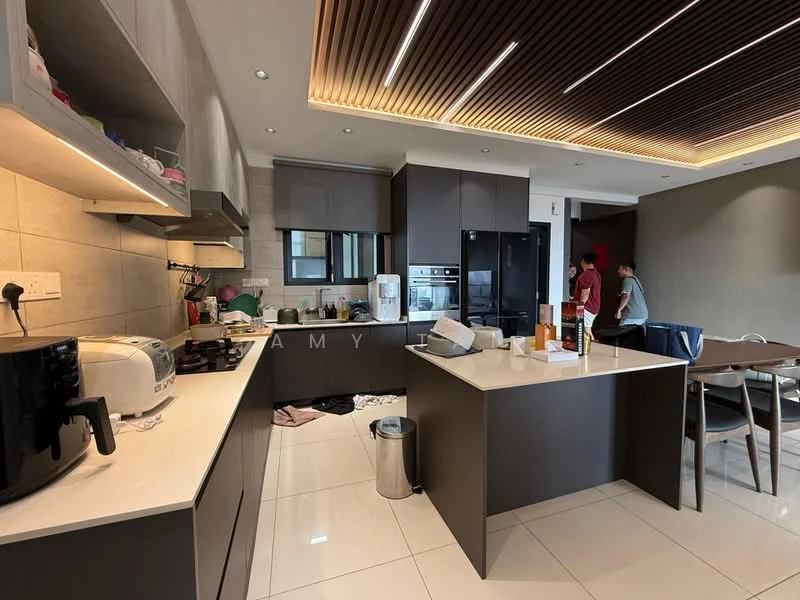 Kitchen features: white quartz countertop, dark wood cabinetry, built-in oven, stainless-steel fridge, 4-burner gas hob, black air fryer, toaster, kitchen island with seating, pendant lighting, recessed downlights, ceramic tile flooring, grey backsplash, open shelving, sink with chrome faucet, waste bin; style: modern.