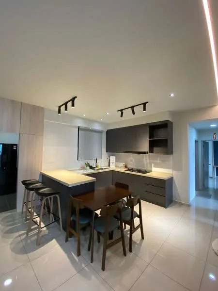 Kitchen features: grey cabinetry, white countertop, island with seating, stainless-steel appliances, built-in oven, refrigerator, ceramic tile flooring, recessed lighting, pendant lights over island, open shelving, sink, modern faucet; style: modern.