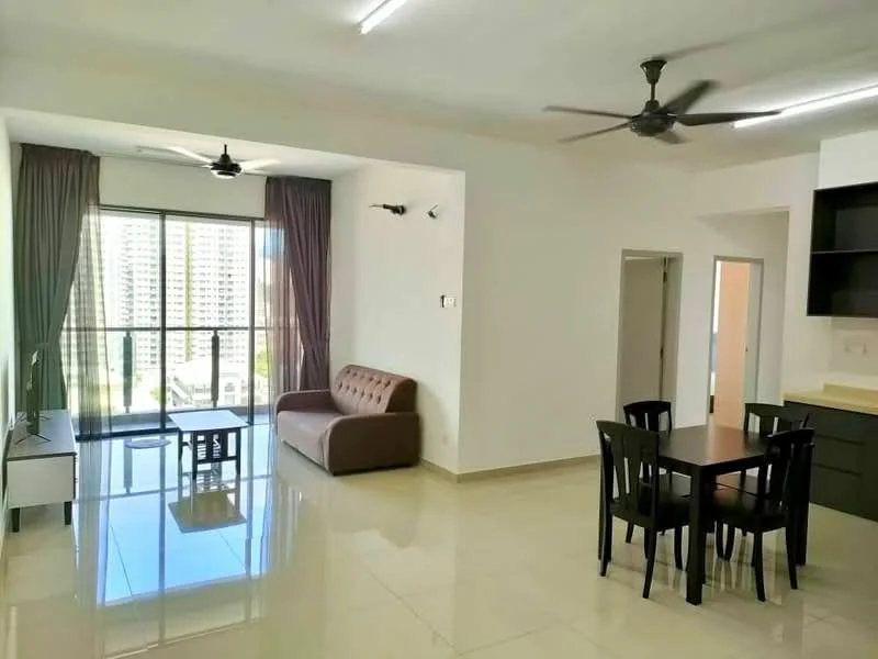 Living features: 3-seater fabric sofa in brown, floor-to-ceiling windows, sheer curtains, ceiling fan, TV console, wall-mounted TV, marble tile flooring, recessed downlights, decorative wall, area rug, dining table with 4 chairs; style: modern; view: city.