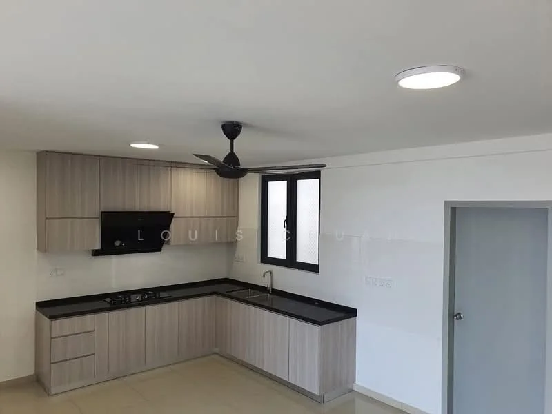 Kitchen features: laminate cabinetry in light wood finish, black granite countertop, single-bowl stainless-steel sink, chrome pull-down faucet, built-in gas hob, black range hood, wall-mounted ceiling fan, tile flooring, window with black frame, recessed LED downlights; style: modern.