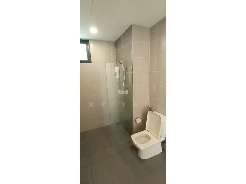 Bathroom features: walk-in shower with glass enclosure, chrome handheld shower, one-piece toilet, grey tiled walls, grey tiled flooring, recessed downlights, window for natural light; style: modern.