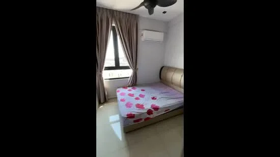 Bedroom features: queen-size bed, upholstered headboard, bedside curtains, floor-to-ceiling window, wall-mounted split AC, ceiling fan, light-coloured walls, glossy tile flooring; style: modern; view: city.