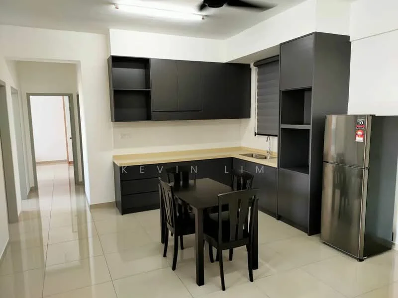 Kitchen features: black cabinetry, light wood countertop, stainless-steel fridge, 4-seater dining table, black dining chairs, ceramic tile flooring, roller blinds on window, wall-mounted cabinets, open shelving, single-bowl stainless-steel sink, chrome pull-down faucet, built-in oven, recessed downlights, ceiling fan; style: modern. Room features: white painted walls, ceramic tile flooring, doorway to adjacent room.