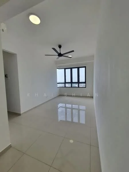 Living features: white painted walls, glossy ceramic tile flooring, 5-blade ceiling fan, floor-to-ceiling windows, natural light, neutral color scheme, window treatments not visible, no visible furniture; style: modern; view: city.