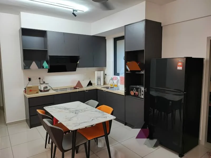 Kitchen features: black cabinetry, marble dining table, orange and grey dining chairs, stainless-steel fridge, built-in oven, ceramic tile flooring, white walls, black countertop, microwave, sink, wall-mounted range hood, window above sink; style: modern.