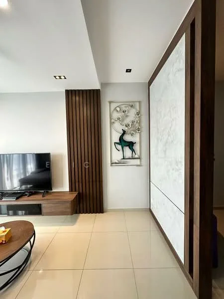 Living features: wall-mounted TV, wooden TV console, round coffee table, cream tiled flooring, white painted walls, wood panel accent wall, decorative wall art, recessed ceiling lights; style: modern.