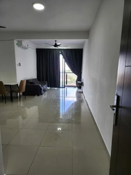 Living features: white painted walls, glossy ceramic tile flooring, 5-blade ceiling fan with light, floor-to-ceiling windows, blackout curtains, sofa in dark color, dining table with chairs, TV console, natural light from window; style: modern; view: garden.