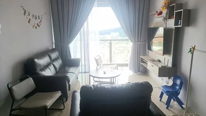Living features: black leather 3-seater sofa, black leather 2-seater sofa, round glass coffee table, wall-mounted TV, TV console with storage, curtains in grey, floor-to-ceiling windows, decorative wall with garland, blue plastic chair, light-colored tiled flooring, decorative items on console; style: modern; view: mountain.