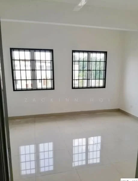 Room features: white painted walls, glossy tile flooring, 2 large windows with black metal frames, ceiling fan, no visible furniture or decor; style: modern; view: garden.