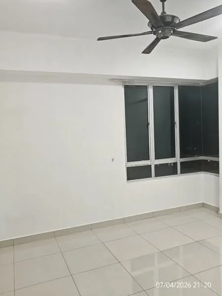 Room features: white painted walls, floor-to-ceiling windows, black window frames, ceramic tile flooring, 5-blade ceiling fan, no visible furniture, neutral color scheme, corner window, natural light; style: modern.