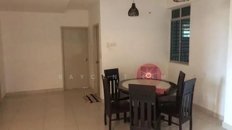 Dining features: round dining table, 4 wooden dining chairs, white painted walls, tile flooring, pendant light fixture, window with blinds, doorway leading to another room, decorative wall with no visible artwork. Room features: white painted walls, tile flooring, doorway, window.