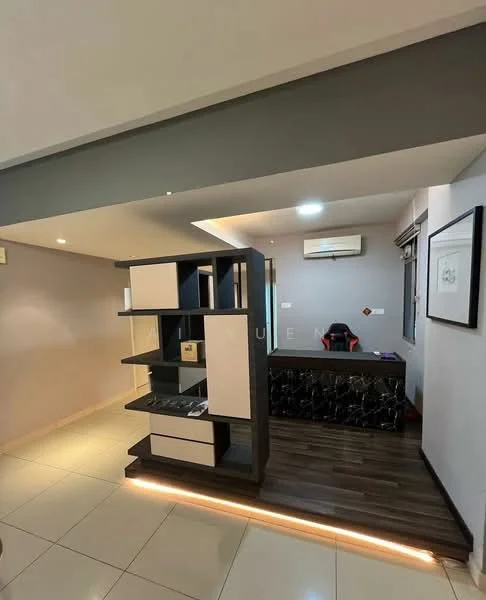 Room features: grey painted walls, white ceiling, recessed downlights, wall-mounted split AC, tile flooring, wood laminate flooring, open shelving unit with black and white panels, black desk with decorative surface, decorative wall art, window with blinds; style: modern.