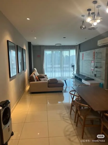 Living features: 3-seater fabric sofa in beige, 2-seater fabric sofa in grey, coffee table, TV console, wall-mounted TV, area rug, dining table with chairs, floor-to-ceiling windows, curtains, recessed downlights, split air conditioning unit, white tiled flooring, grey accent wall, decorative wall art; style: modern; view: city.