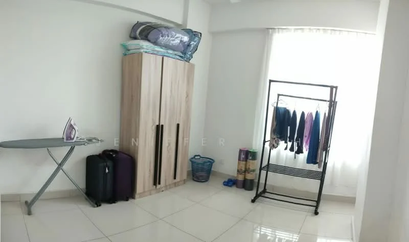 Room features: white painted walls, glossy tile flooring, floor-to-ceiling window with sheer curtains, wooden wardrobe, ironing board, iron, luggage, clothes rack with hanging clothes, laundry basket, rolled yoga mats; style: modern.