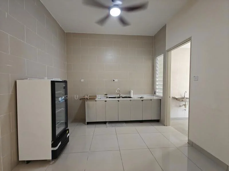 Kitchen features: white cabinetry with flat-panel doors, single-bowl stainless-steel sink, chrome pull-down faucet, built-in refrigerator, white tiled backsplash, cream tiled walls, white floor tiles, ceiling fan, window with louvered shutters, countertop space; style: modern.