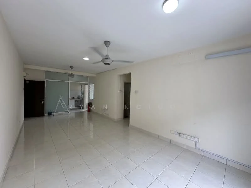Living features: white painted walls, glossy ceramic tile flooring, 2 ceiling fans, recessed downlights, large window, open layout, neutral color scheme, wall-mounted light fixture; style: modern.