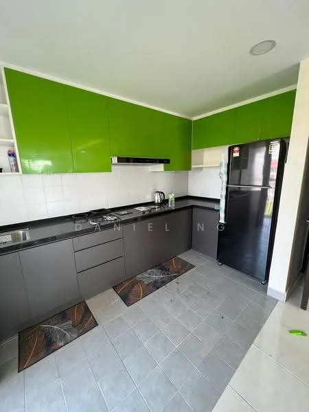 Kitchen features: green high-gloss cabinetry, black countertop, stainless-steel sink, chrome pull-down faucet, built-in stove with extractor hood, black refrigerator, ceramic tile flooring, white tiled backsplash, two area rugs, open shelving, kettle; style: modern.