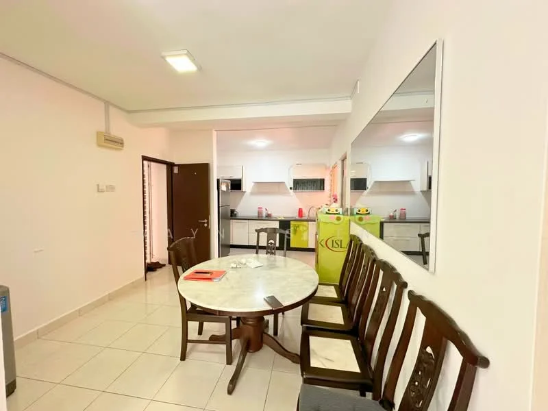 Dining features: round marble dining table, wooden dining chairs, white painted walls, tile flooring, recessed ceiling lights, large mirror on wall, open layout to kitchen, air conditioning unit on wall; style: modern. Kitchen features: black countertops, white cabinetry, built-in kitchen appliances, open shelving, kitchen sink, stainless-steel fridge; style: modern.
