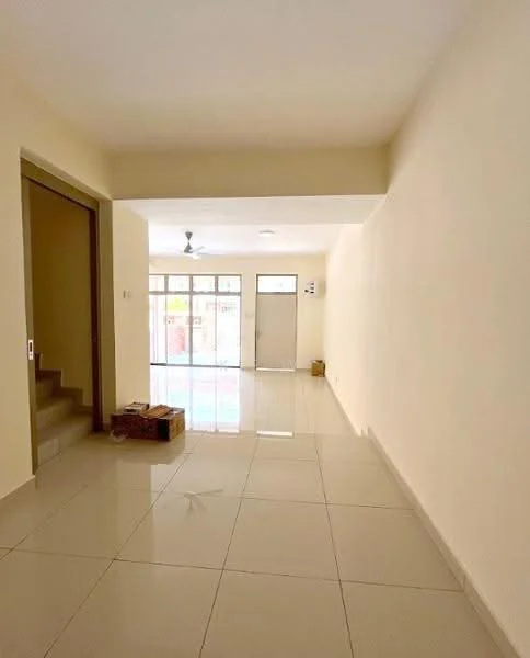 Room features: cream painted walls, glossy ceramic tile flooring, ceiling fan, large windows allowing natural light, open layout, staircase visible in the background, doorway leading outside, neutral color scheme; style: modern.