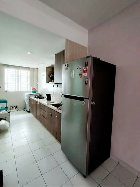 Kitchen features: stainless-steel fridge, white tiled flooring, brown wooden cabinetry, white countertop, kettle, microwave, sink, window with blinds, light fixture, open layout; style: modern.