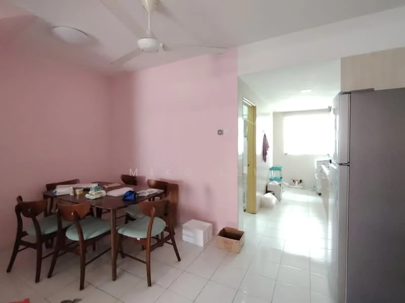 Dining features: pink painted walls, white tiled flooring, ceiling fan, wood dining table, 4 wooden dining chairs with light blue cushions, refrigerator, open layout to kitchen, natural light from window. Laundry features: white tiled flooring, washing machine, storage boxes, window for natural light, utility area.
