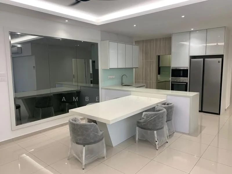 Kitchen features: white cabinetry with flat-panel doors, marble countertop, single-bowl stainless-steel sink, chrome pull-down faucet, built-in refrigerator, built-in oven, ceramic tile flooring, recessed downlights, large mirror wall, breakfast bar, 4 dining chairs, open layout; style: modern.