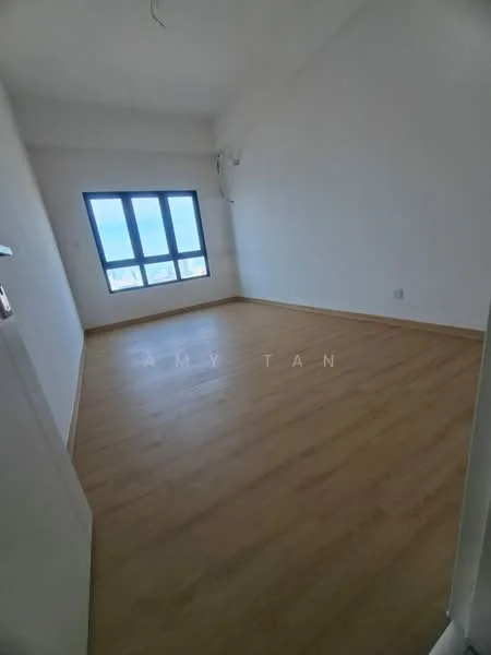 Room features: light wood laminate flooring, white painted walls, floor-to-ceiling windows, city view, high ceiling, no visible furniture, single light fixture, baseboards; style: modern; view: city.