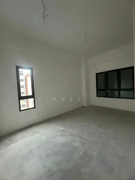 Room features: white painted walls, concrete flooring, floor-to-ceiling windows, black framed windows, no visible ceiling fixtures, unfinished space.