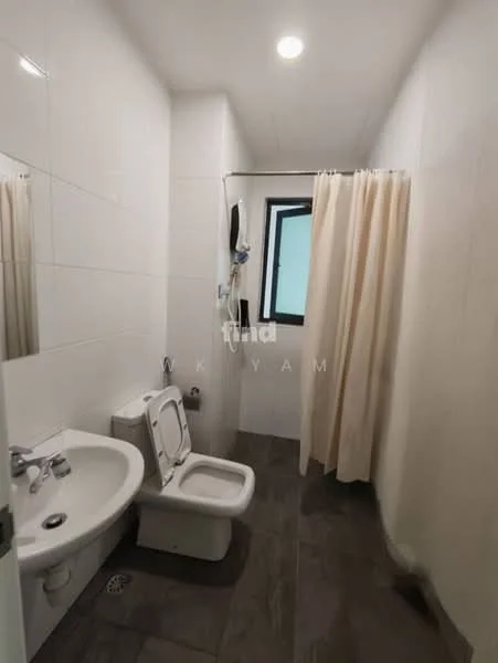 Bathroom features: white tiled walls, grey tile flooring, one-piece toilet, wall-mounted basin, shower area with curtain, window for natural light, chrome faucet, shower head; style: modern.